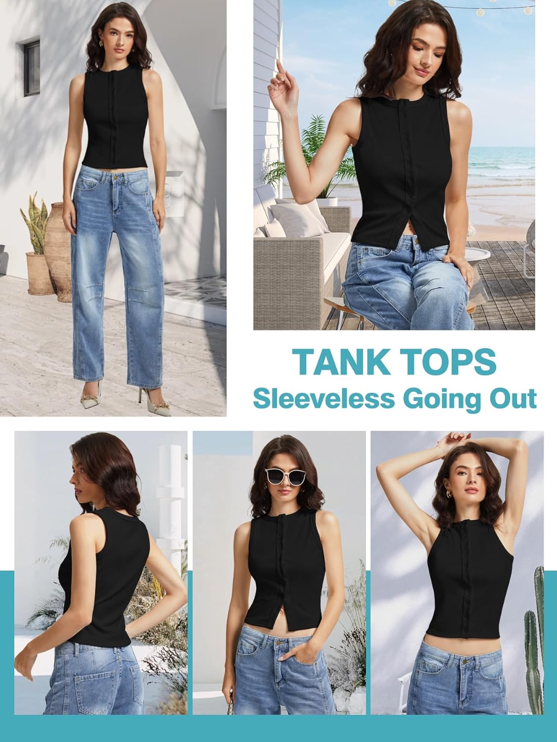 Women’s Button Down Tank Tops Sleeveless Ribbed Crop Summer Button Up Crewneck Vest Shirt Going Out Slim Fit Tops - Image 2