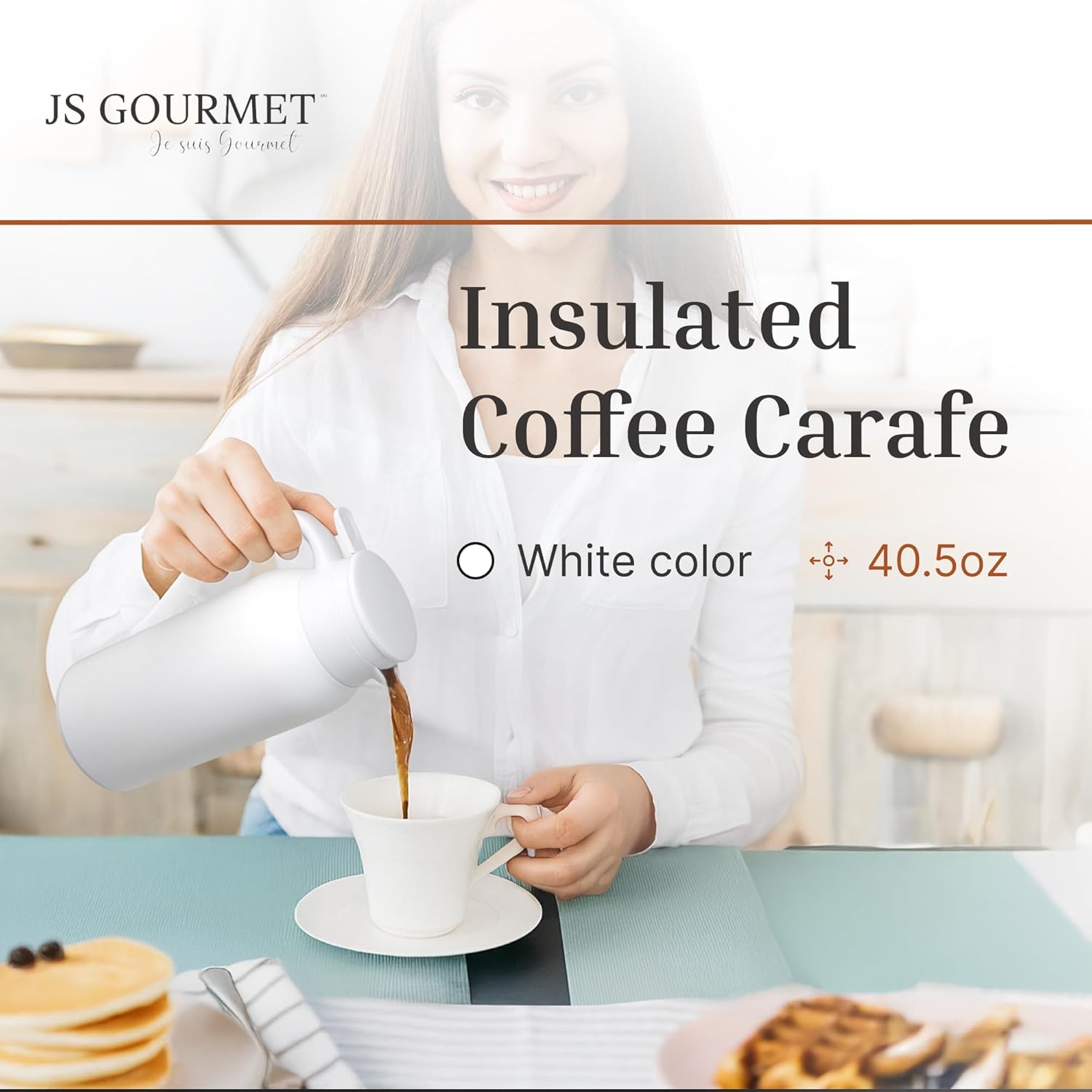 JS Gourmet 40.5oz (1200ml) Stainless Steel Double Walled Insulated White Coffee Carafe, Heat Retention Airpot Keeps Beverages Hot or Cold, for Tea, Espresso, Hot Chocolate and More