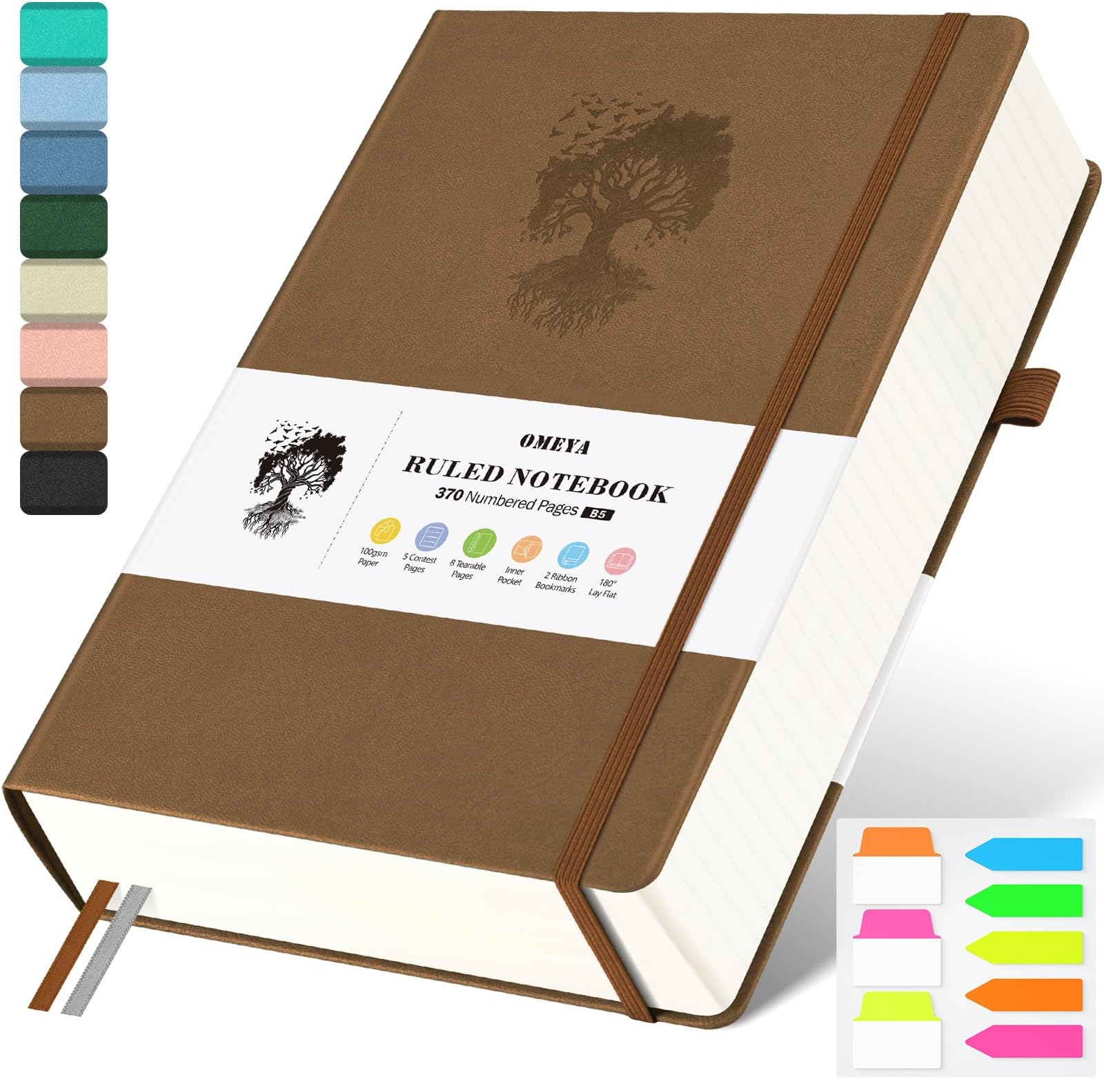 B5 Lined Journal Notebook, 370 Numbered Pages Thick Leather Journal for Writing, College Ruled Hardcover Notebook for Work,School with 100gsm Paper, Writing Journal for Women, Men (7.6" x 10.3" Brown)