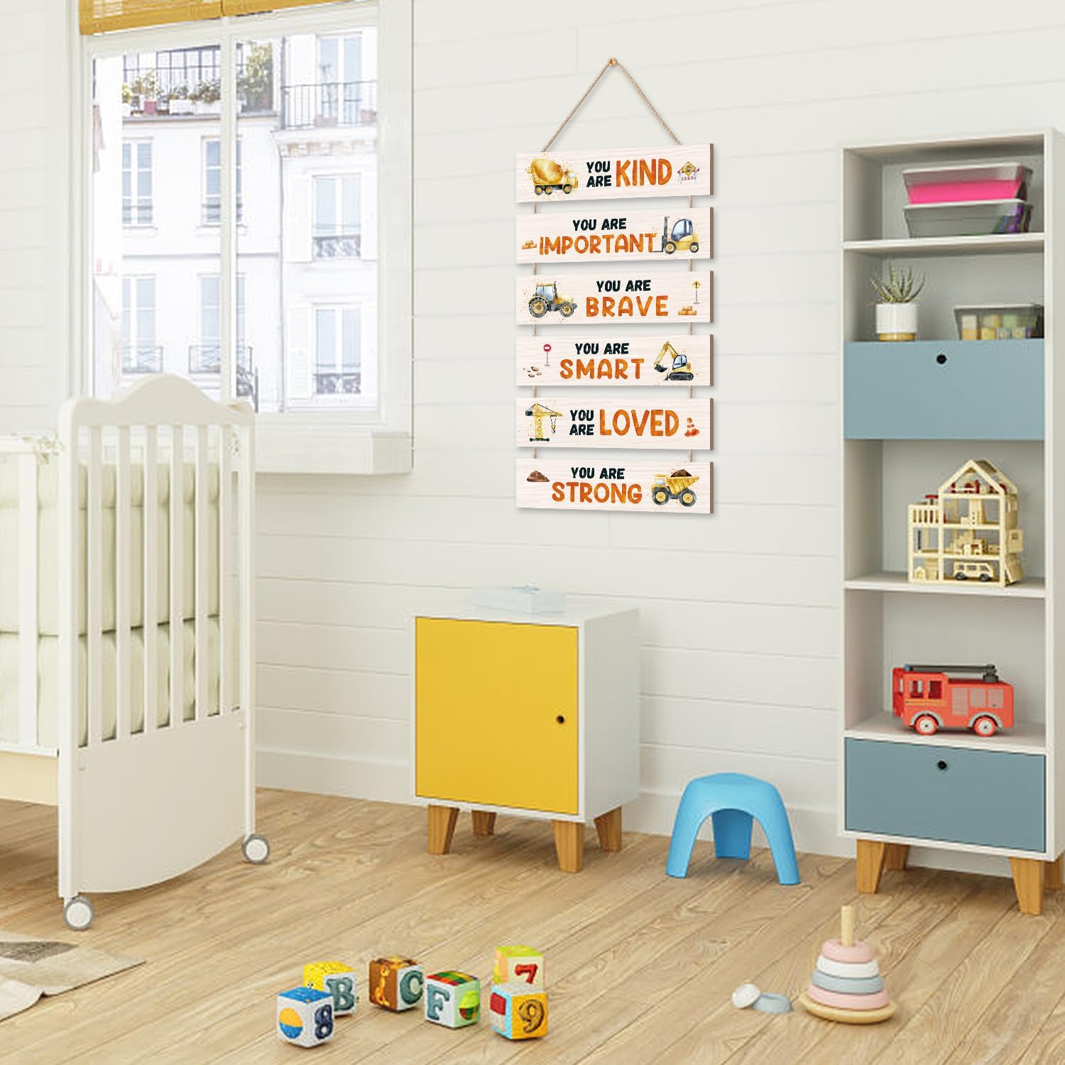 HPNIUB Construction Trucks Room Decor for Boys, Transportation Inspirational Positive Quotes Hanging Plaque Sign, Cartoon Vehicle Wood Sign for Nursery or Toddler Room Decor