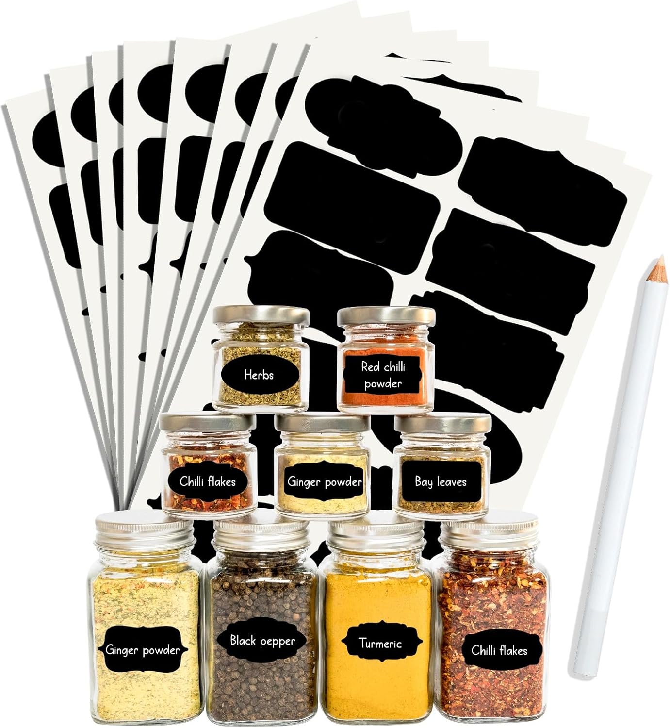 ROUSRIE Pack of 84 Reusable Waterproof Mason Jars Labels Kitchen Pantry,Spice Jars Glass Bottles – Best Stickers & Organizing Label with White Pencil