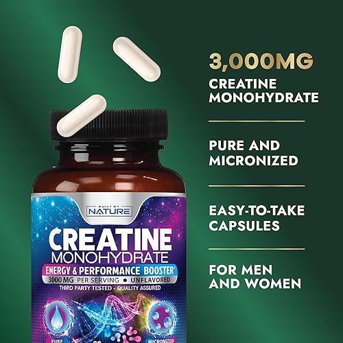 Miniatura 3 de Built by Nature Píldoras de monohidrato de creatina, suplemento de creatina micronizada para hombres y mujeres, fuerza muscular, energía,