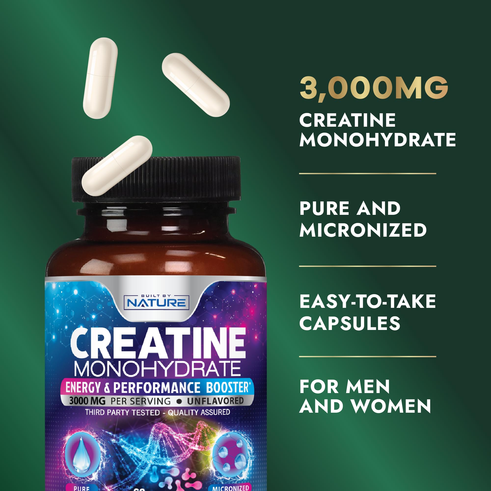 Built by Nature Creatine Monohydrate Pills - Micronized Creatine Supplement for Men & Women - Muscle Strength, Energy, Endurance, and Recovery - Gluten-Free, Vegan, Non-GMO - 60 Capsules — Amazon image 3