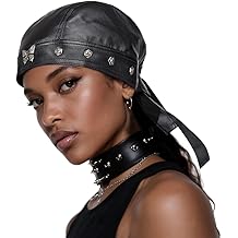 Leather Biker Skull Cap for Women Adjustable Motorcycle Cycling Black Bandana Head Wrap Doo Rag