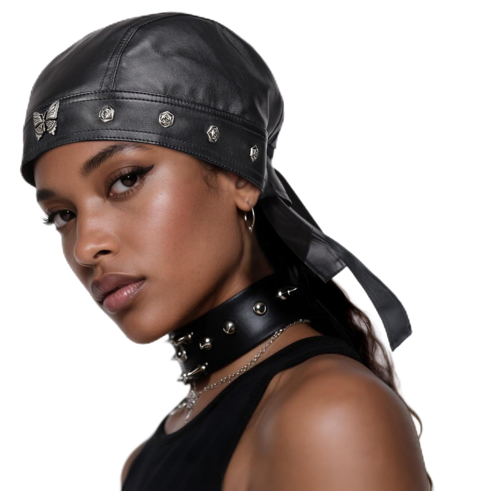 Leather Biker Skull Cap for Women Adjustable Motorcycle Cycling Black Bandana Head Wrap Doo Rag