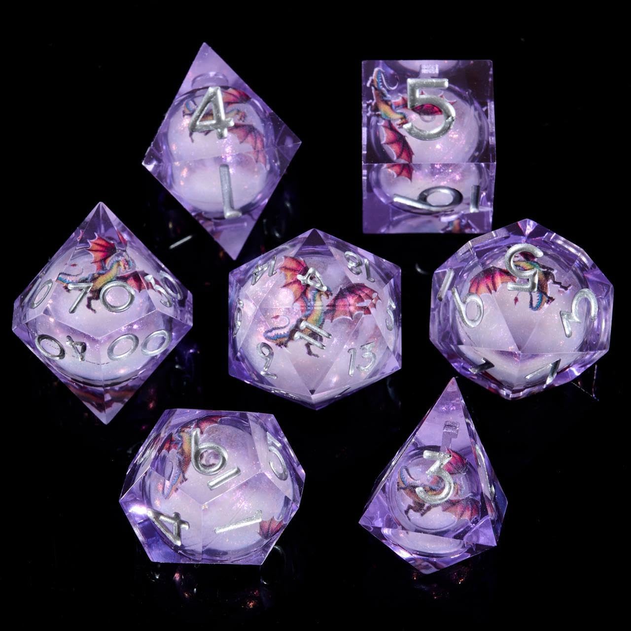 Purple Dragon-Themed Polyhedral Dice Set, 7-Piece Resin Liquid Core D&D Dice with Sharp Edges for Dungeons Dragons, RPGs, MTG, Pathfinder, Board Games