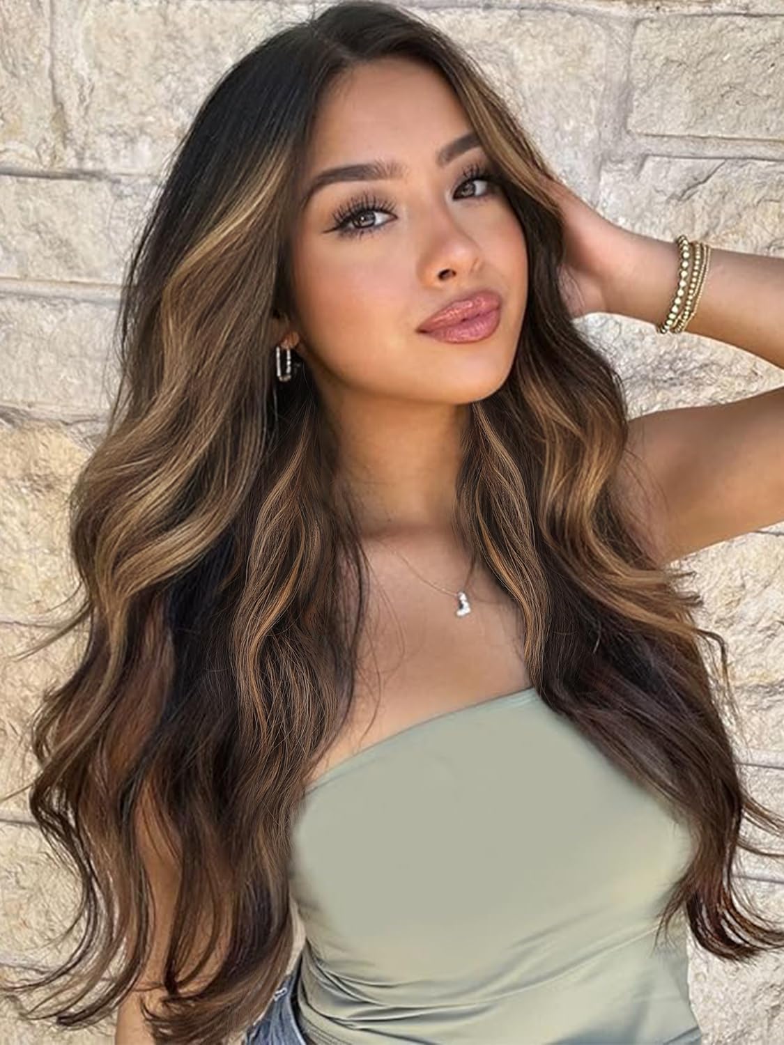 XIXIBI Long Brown Highlights Wigs for Women, Ombre Brown Mixed Blonde Wigs with Black Roots, Synthetic Long Curly Wavy Wigs With Lace Hairline, Heat