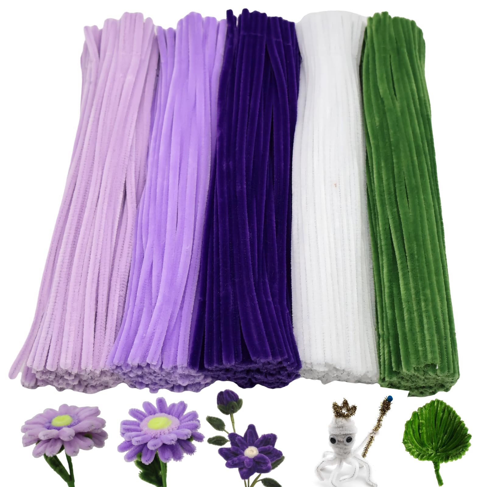 Cldamecy 500 Pcs Purple Flower Color Pipe Cleaner Craft Set in 5 Assorted Colors,Fluffy Pipe Cleaners Chenille Stems for Christmas DIY Decorations,Art Projects