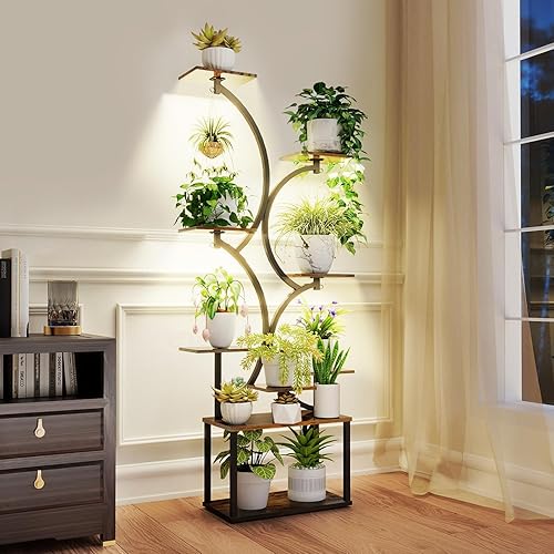 Miniatura 5 de Soporte para plantas de interior con luces de cultivo, 64 pulgadas de alto y 9 niveles en forma de S, estante moderno para plantas con tablas de