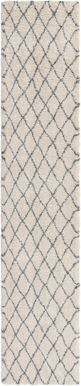 Unique Loom Rabat Shag Collection Area Rug - Trellis (3' 3" x 16' 5" Runner, Pure Ivory/ Gray)