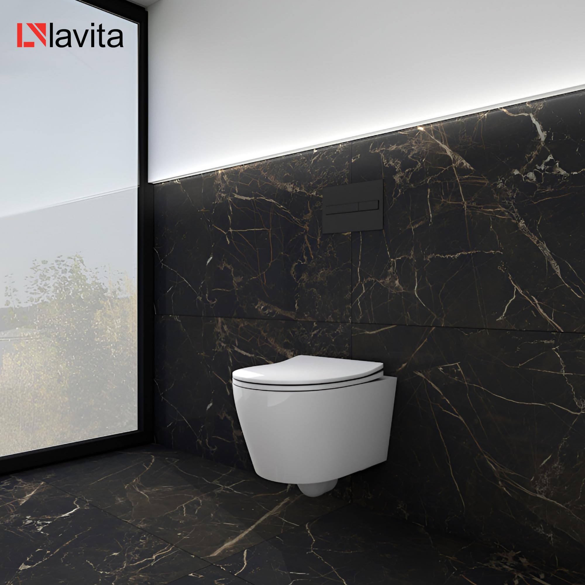 LAVITA Praia - WC sospeso, copriwater con abbassamento automatico e cerniere in metallo, senza bordo, 360 x 480 x 375 mm, bianco lucido