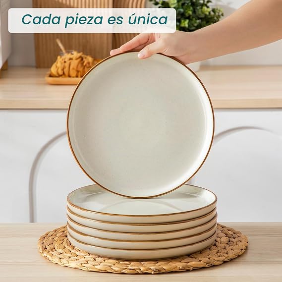 vancasso RENO Complete Dinnerware Set 6 People, 18 Stoneware Pieces Dinnerware – 6 Dinner Plates, 6 Dessert Plates and 6 Bowls – Glazed Reactive in Light Beige, Dishwasher/Microwave Safe