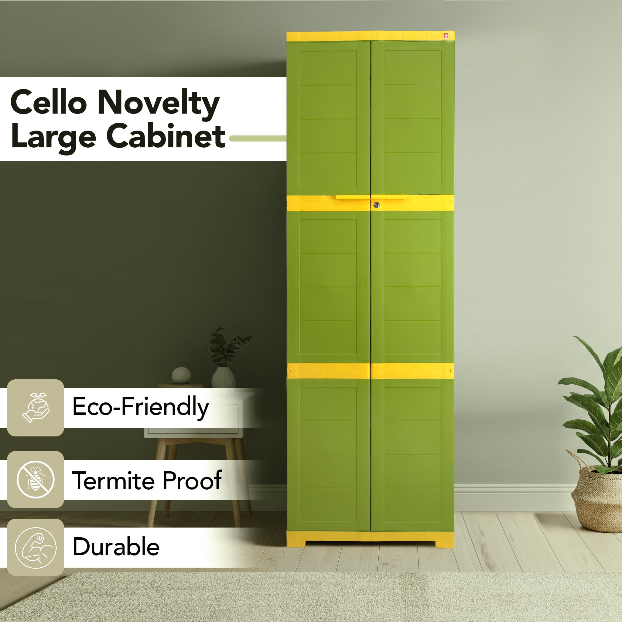 Cello Novelty Large Multipurpose Plastic Cupboard with Lock, Green & Yellow | 6-Shelf Modular Cupboard | Space-Saving Wardrobe For Living Room & Bedroom | 3 Years Warranty on Manufacturing defects