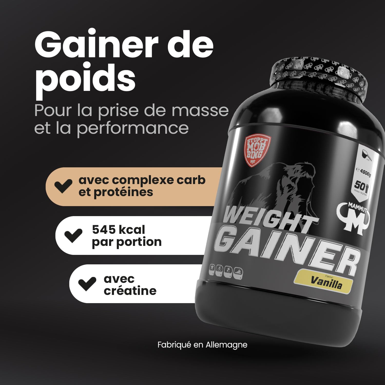 Mammut Nutrition – Crash 5000 Weight Gainer 4,5 kg Vanille – Mass Gainer 80% glucides dextrose maltodextrine – 4 protéines + créatine – 518 kcal par portion – Prise de masse musculaire