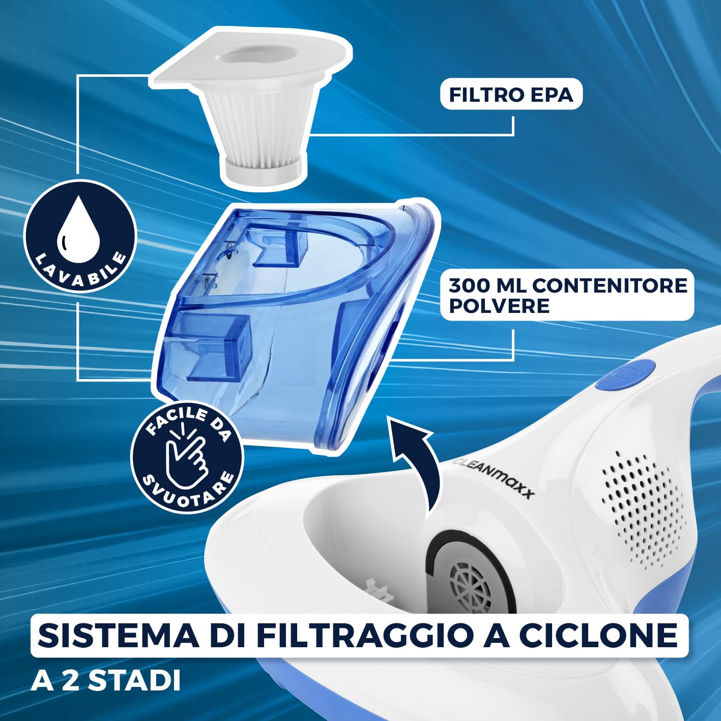 CLEANmaxx aspirapolvere per acari luce UV-C sterilizzante | Aspirapolvere per materassi con filtro HEPA, distrugge il 99,9% di tutti gli acari | Pulisce e disinfetta in un solo gesto