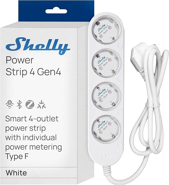 Shelly Power Strip 4 Gen4 Blanco – Regleta de enchufes Zigbee y Matter de 150 cm, Tipo F, con 4 Tomas de corriente (3680 W), Protección sobretensiones, Control por voz con Apple HomeKit, Alexa, Google - 1