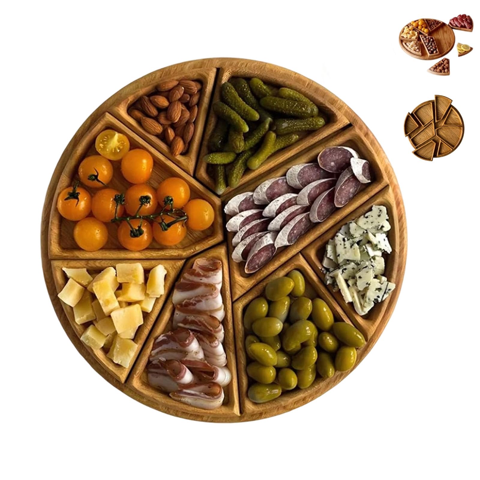 Bandeja de madera con compartimentos de rompecabezas para servir aperitivos sin mezclar