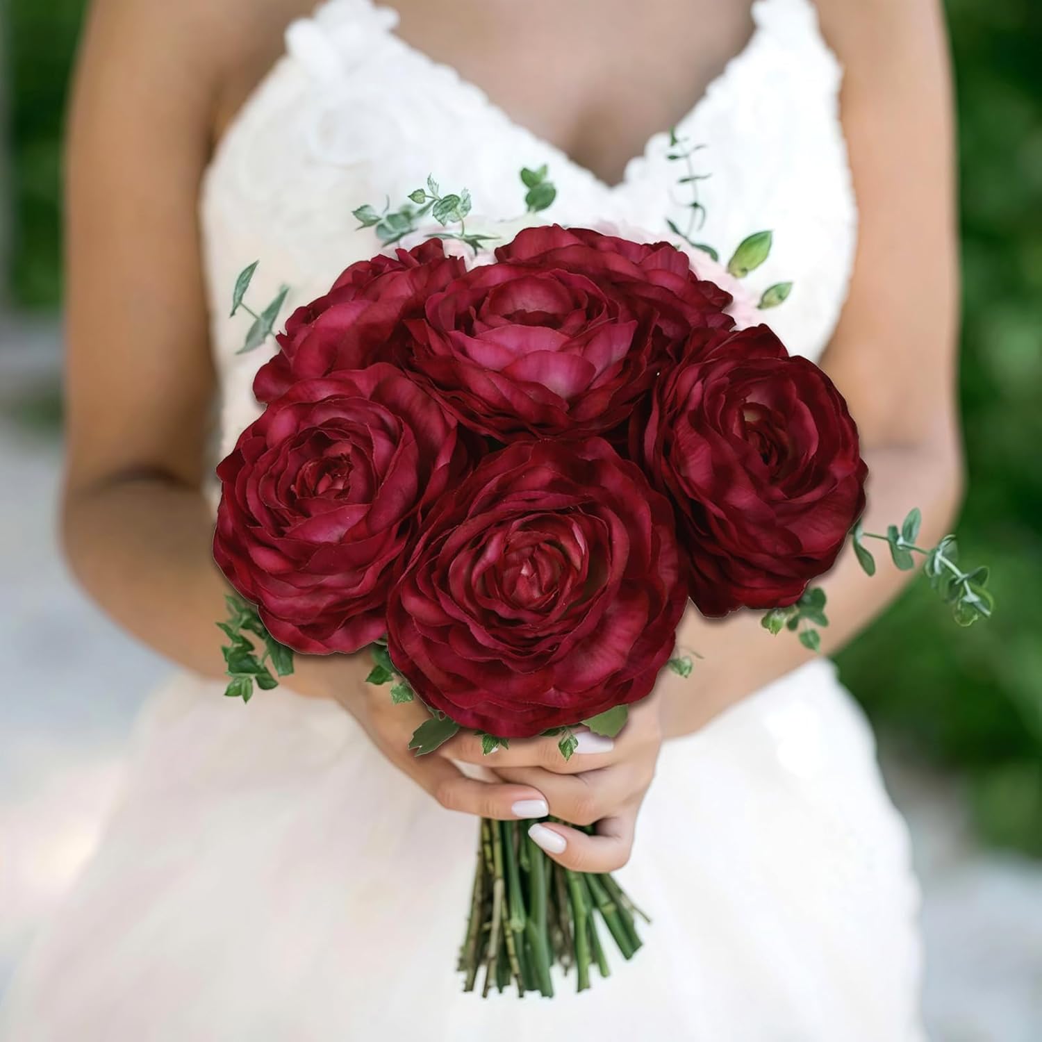 Dark Red Ranunculus Artificial Flowers 6PCS Real Touch Ranunculus Flowers Fake Peonies Artificial Flowers for DIY Wedding Bouquet Party Table Home Decor(Dark Red)