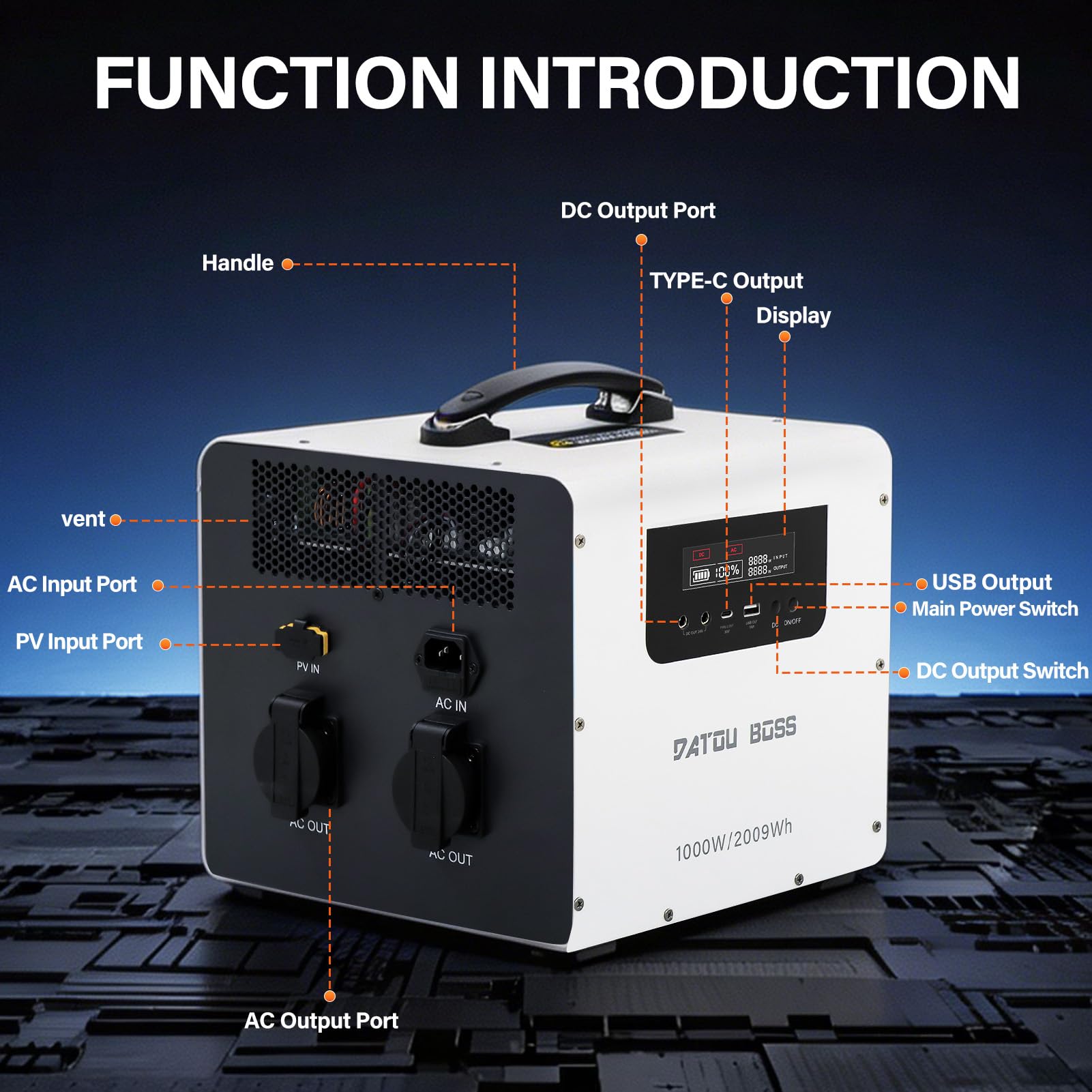 DATOUBOSS Générateur Électrique Portable, 1000 W/2009,6 Wh LiFePO4, générateur solaire 1000 W, stations d'alimentation portables, stockage d'énergie, voyages et camping en camping-car