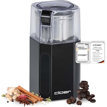 Cloer 7580 Elektrische Kaffee- und Gew&uuml;rzm&uuml;hle f&uuml;r Pesto, N&uuml;sse und Getreide, bis zu 70 g Kaffeebohnen, abnehmbarer Edelstahl