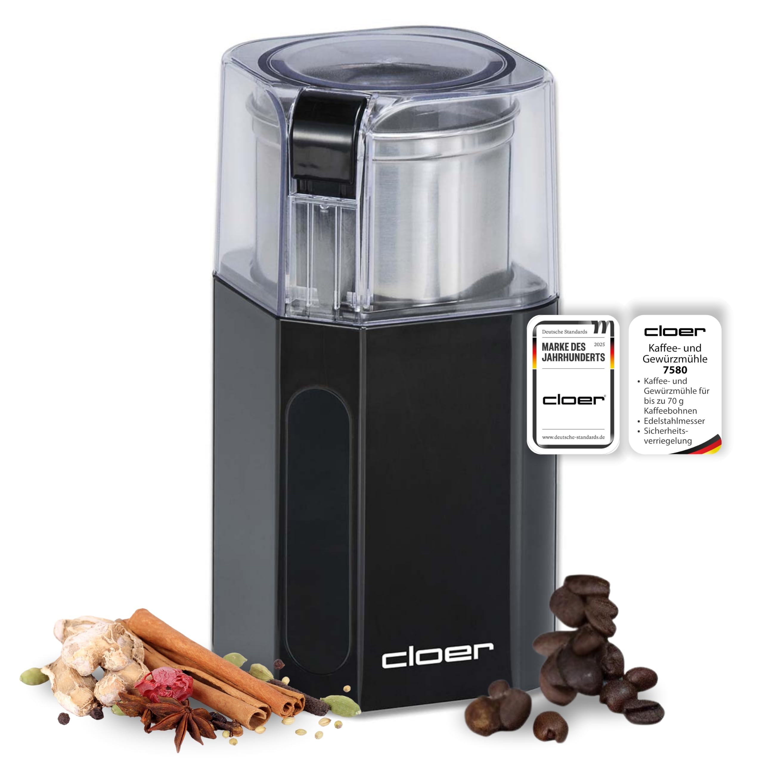 Cloer 7580 Elektrische Kaffee- und Gewürzmühle für Pesto, Nüsse und Getreide, bis zu 70 g Kaffeebohnen, abnehmbarer Edelstahlbehälter, schwarz, 200W
