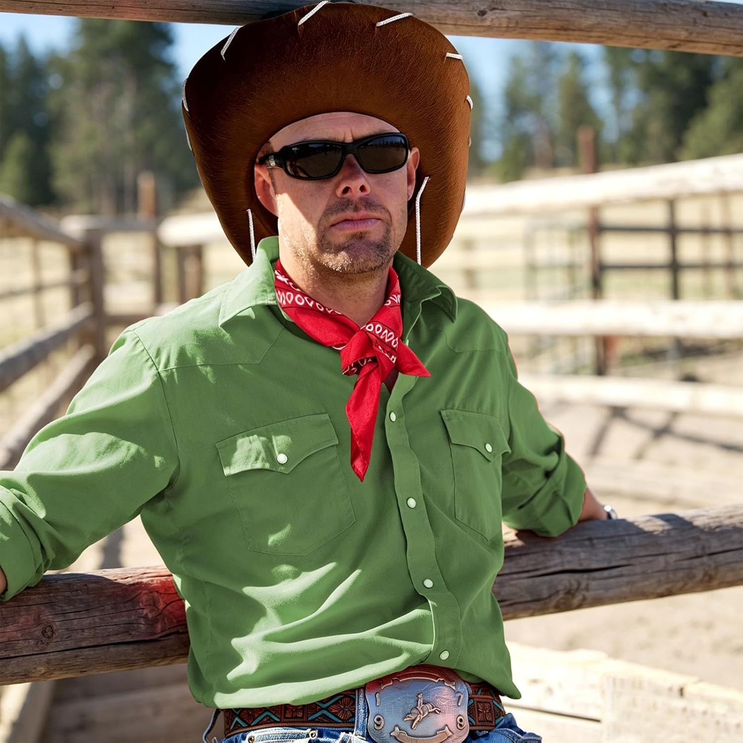 Cowboy Hat Set,Western Sheriff Costume Hats and Bandana for Men Women | Brown Wild West Wide Brim Cowgirl Hat for Halloween Costume Themed Party