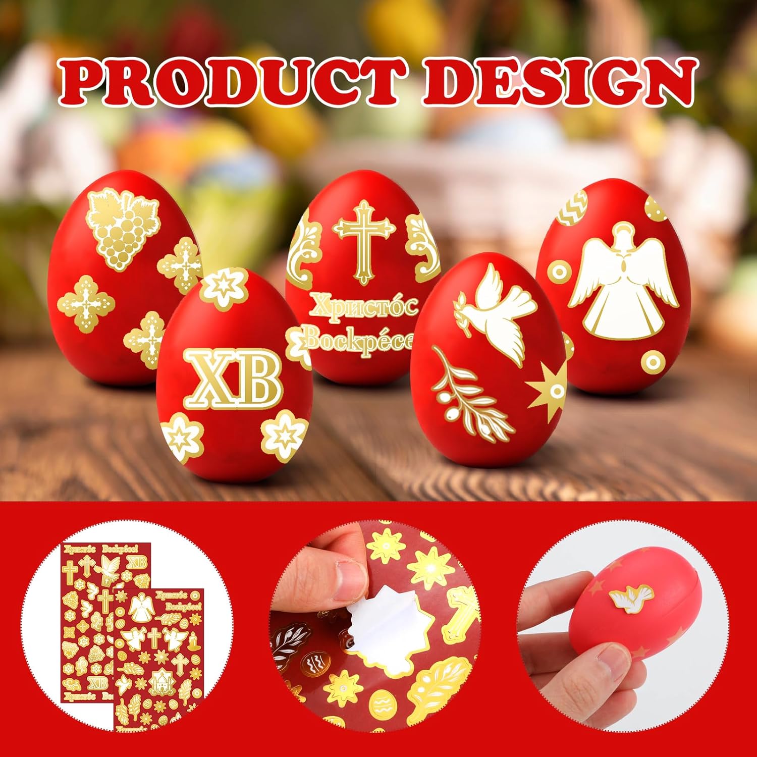 10 Pcs Easter Egg Stickers Catholics Orthodox Easter Decorations Red Pascha Pysanky Egg Wraps Decorative Crosses Pigeons Angels Christian Stickers for Religious Party Decor Supplies