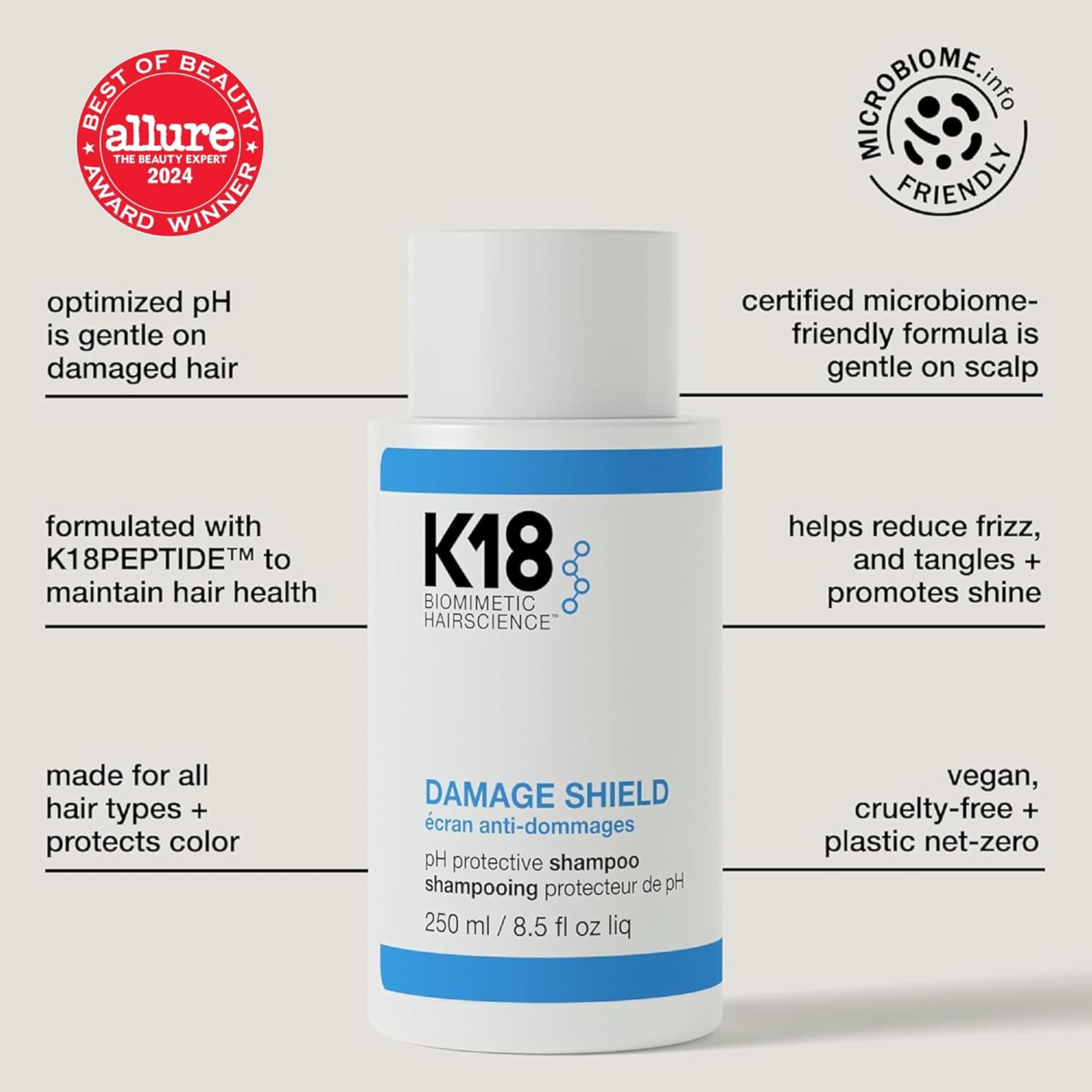 K18 Damage Shield Protective Shampoo, 473ml | Protecteur pH, sans danger pour cheveux colorés, protège des dommages, anti-frisottis, brillance, nettoyage doux quotidien