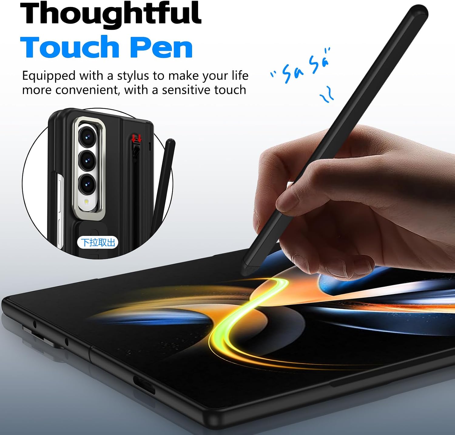 Compatible with Samsung Galaxy Z Fold 4 Case with Strap & Kickstand, Screen Protector Hinge Protective Pen Slot Shockproof Hard Full Body Protective Cover for Z Fold 4 Phone Case with Pen(Black)