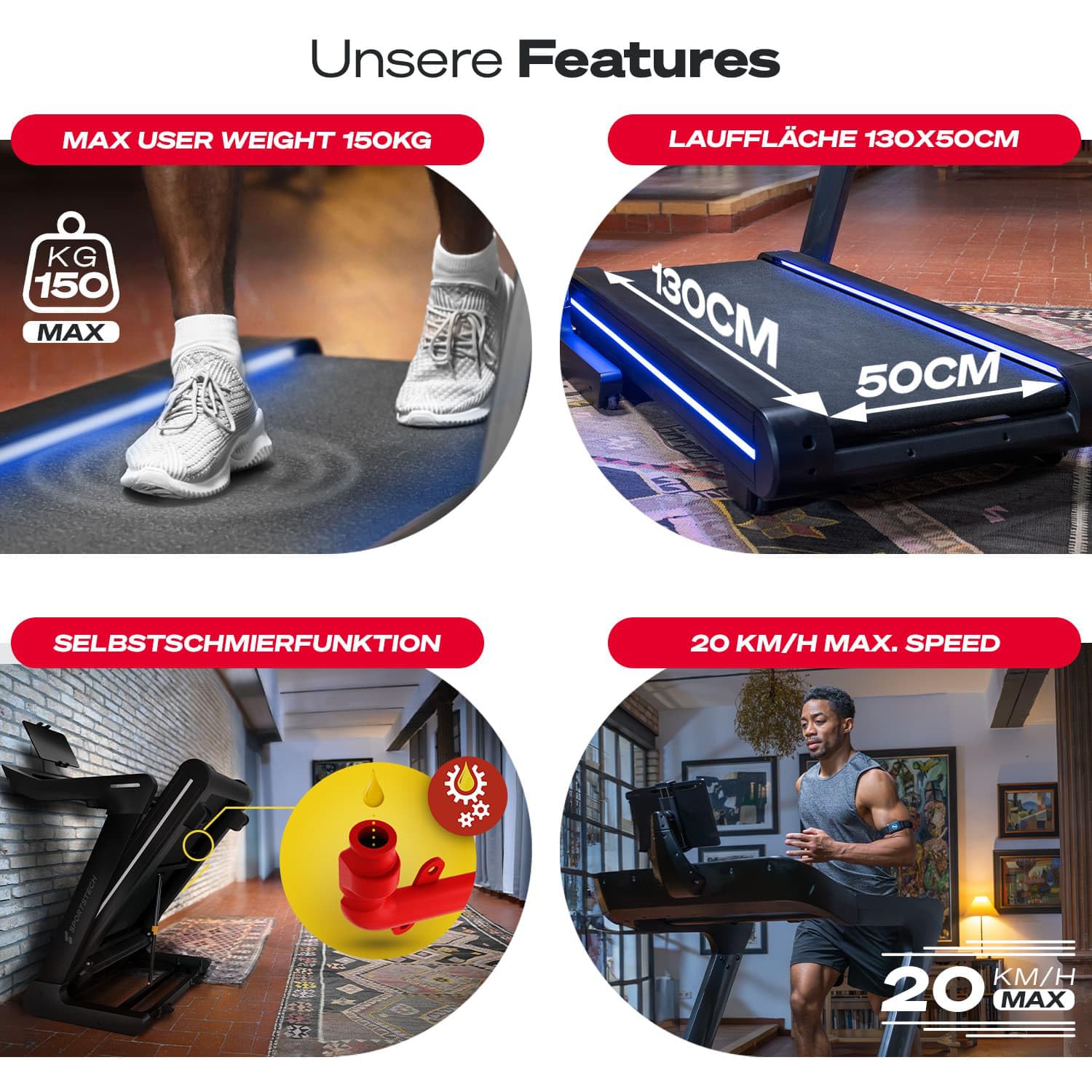 Sportstech sTread Lite Laufband für Zuhause klappbar bis 150 kg & 20 km/h – Treadmill mit 16% Steigung, 7 PS Motor, extra große Lauffläche, LED-Display, App-kompatibel, sPulse Pulsgurt inkl.