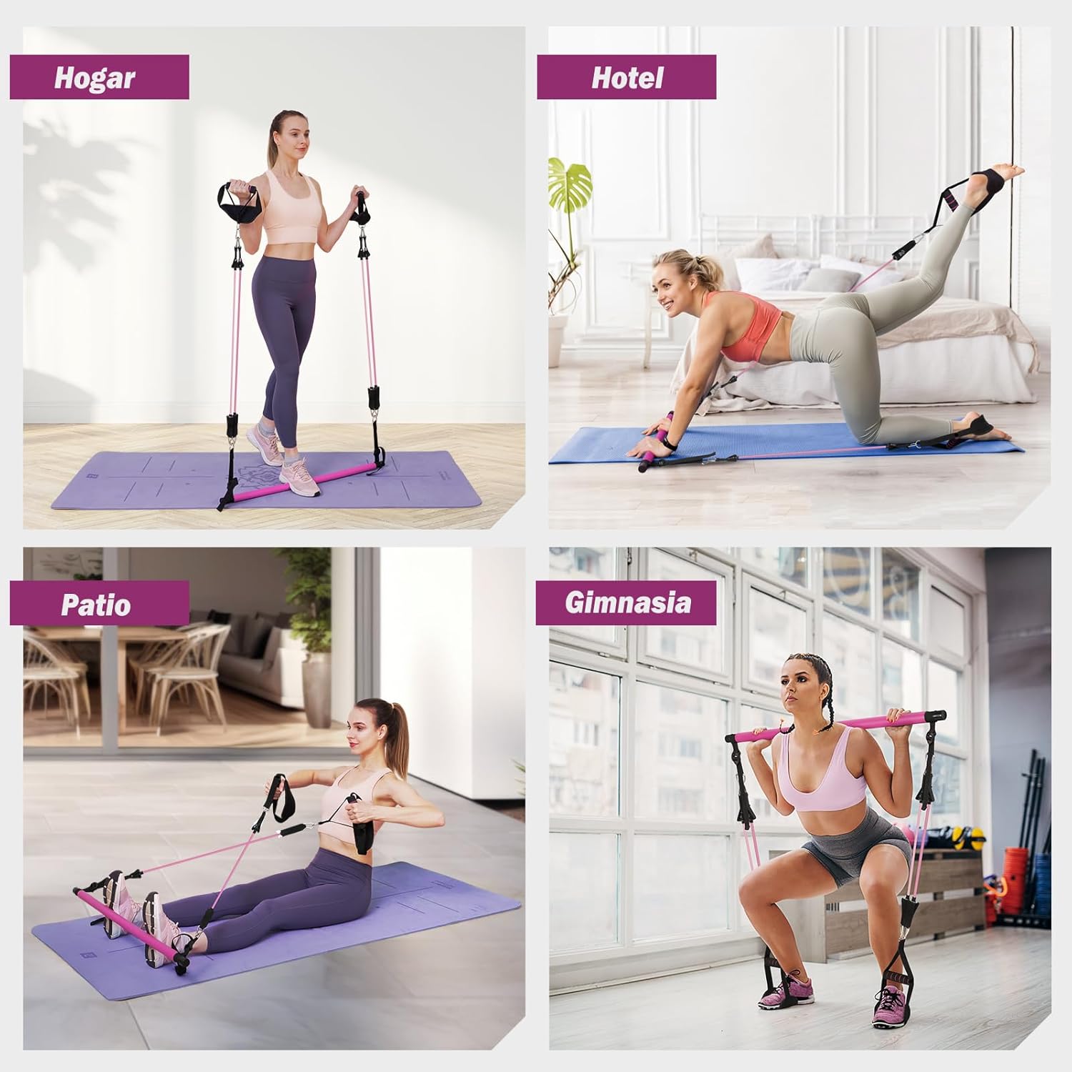 Barra de pilates ALongSong con bandas elásticas en uso