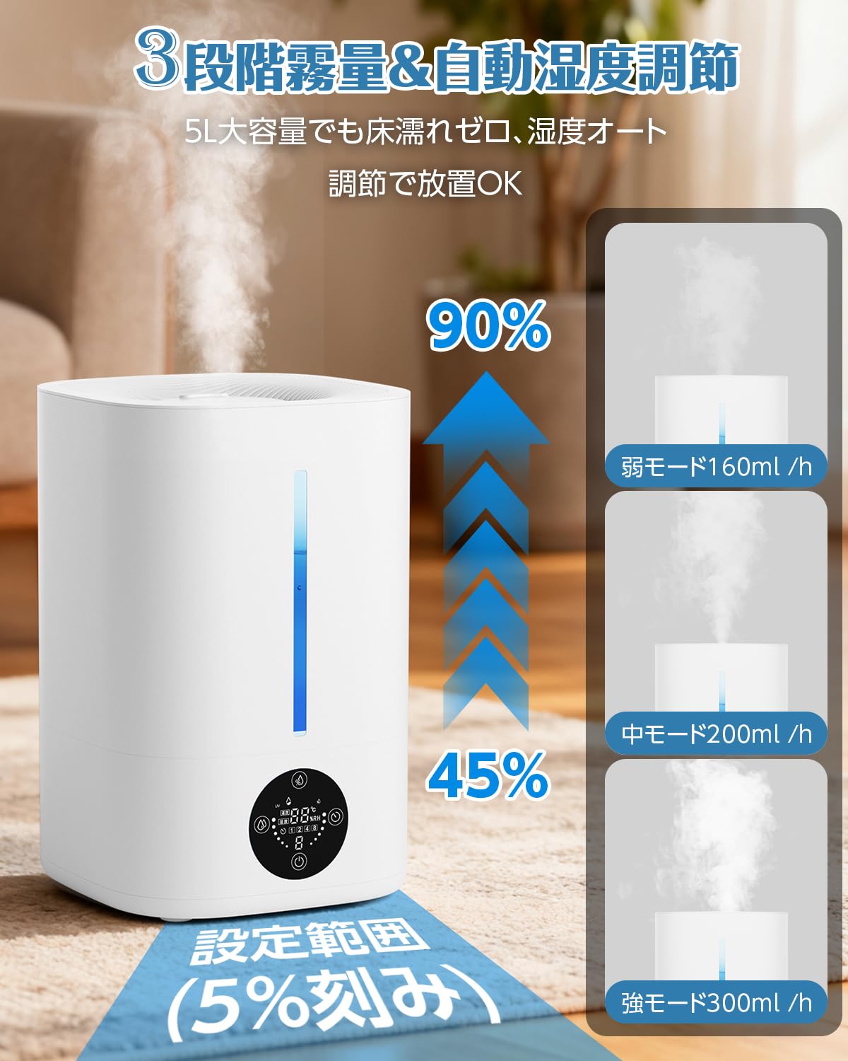 加湿器 加湿機 超音波式加湿器 Wi-Fi 5L 大容量 ホワイト Amazon.co.jp: 加湿器 大容量 5L 超音波式 3段階加湿量 パワフル加湿