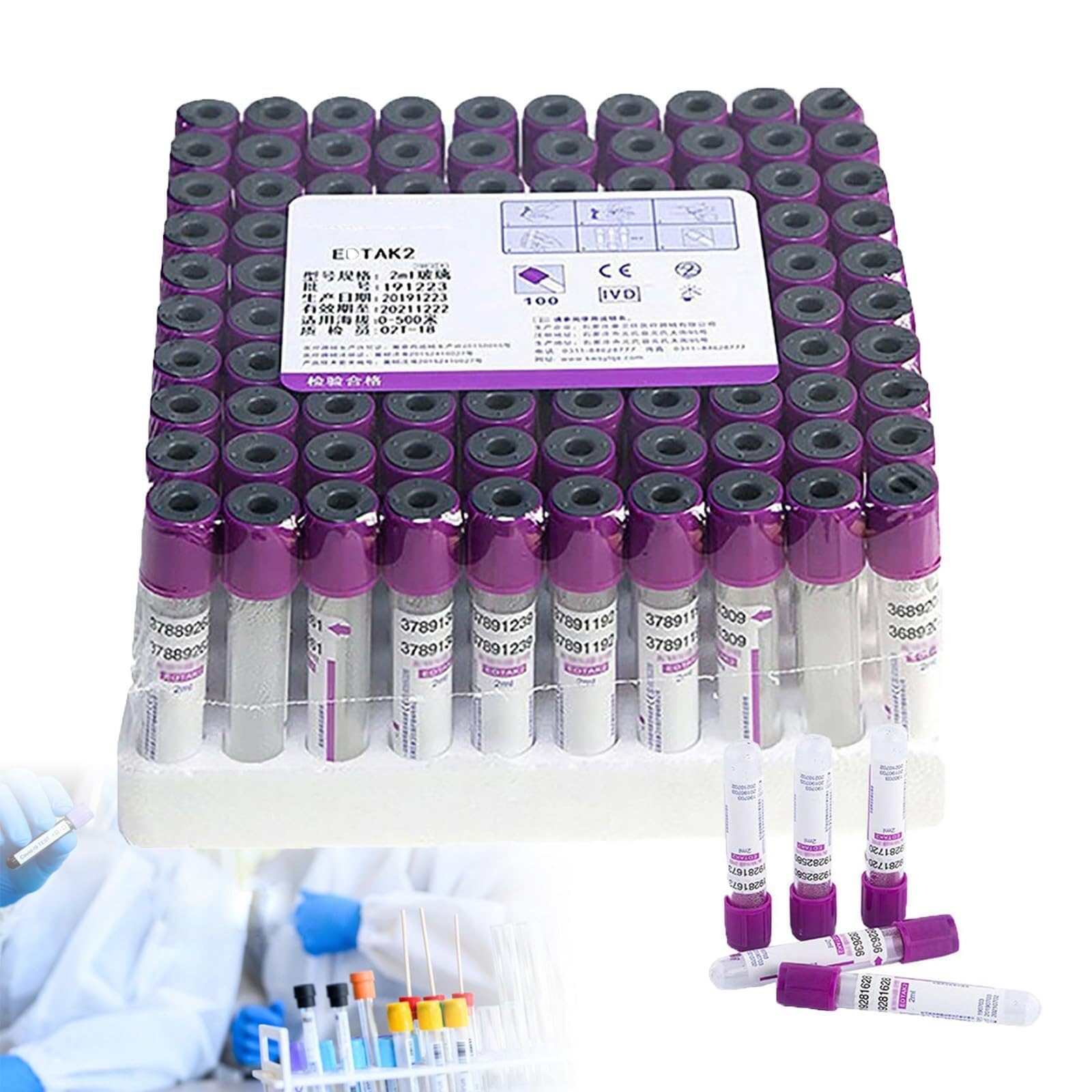 Provetta for prelievo di sangue sottovuoto da 100 pezzi con tappo a vite viola, provette in vetro (2 ml, 3 ml, 5 ml, 10 ml), for laboratorio, separazione del siero(5ML)