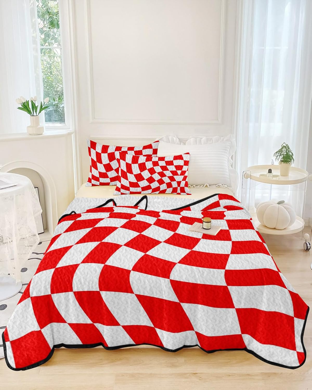 King Size Quilt Set, Abstract Optical Illusion Aesthetic Lightweight Bedspread Coverlet Set Soft Microfiber Summer Quilt with 2 Pillow Shams, Distorted Red White Lattice 3 Piece Comforter Bedding Set