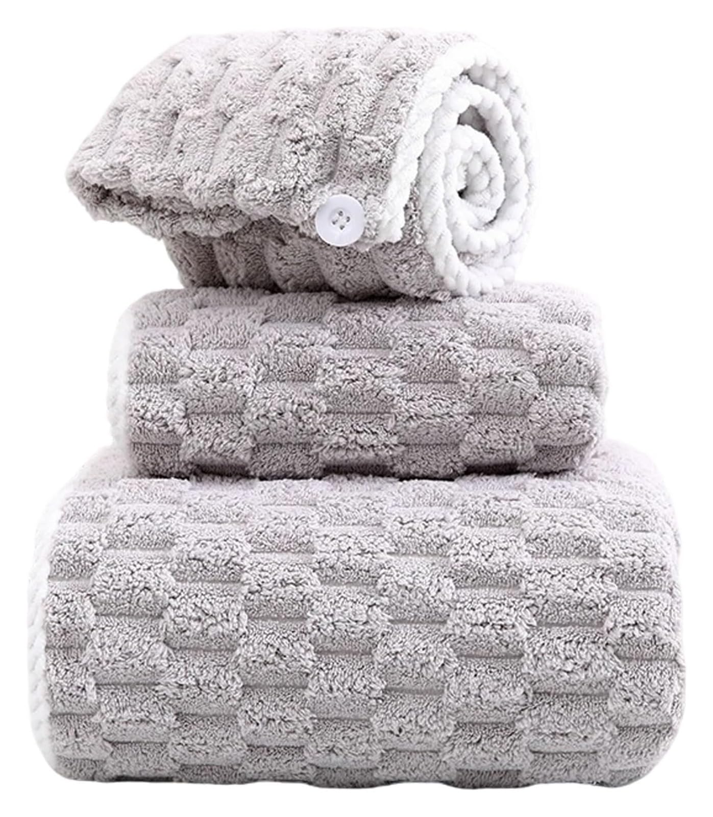 Giveduno Coral Fleece Bath Towel Set with Shower Cap