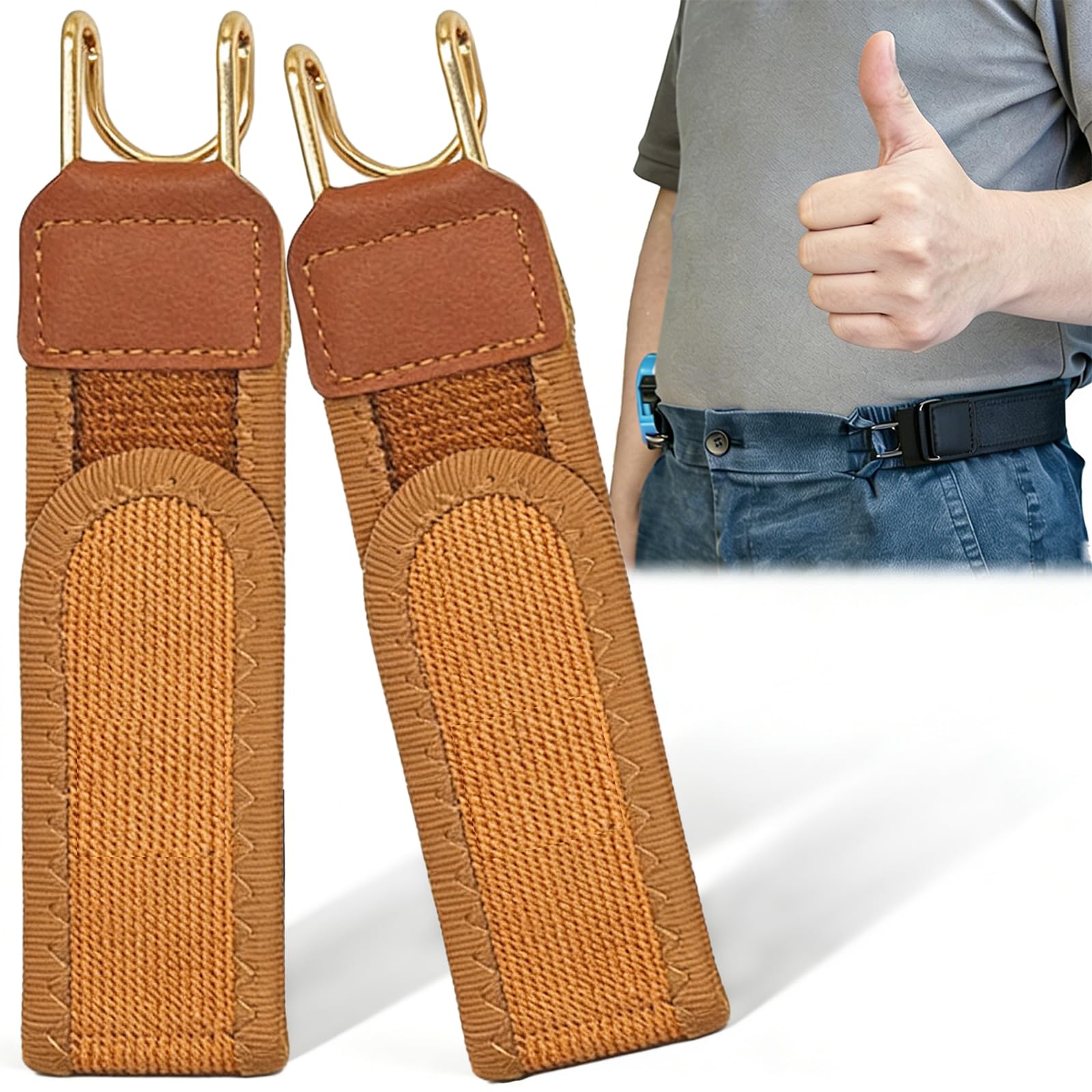 Yulabeear 2PCS Metal Hook Tactical Elastic Belt, Buckleless Belt Hook, Unisex Buckle-Less Elastic Invisible Waist Belt Closure (Brown*2)