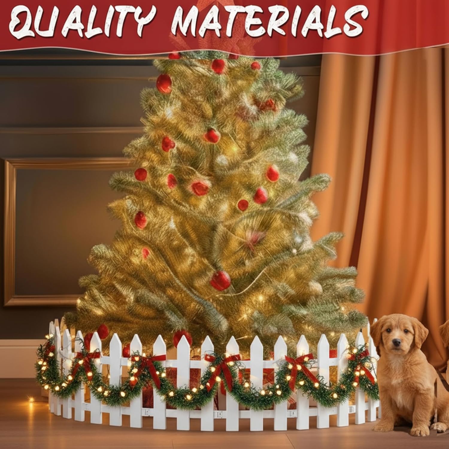 Thyle 14 Pcs 16 Inch Christmas Tree Fence Set with Lights, Extra Tall White Plastic Xmas Pet Tree Gate with LED String Lights, 9.8ft Garland & Red Bows for Decor, Pet Protector, Total Length 6.5 ft