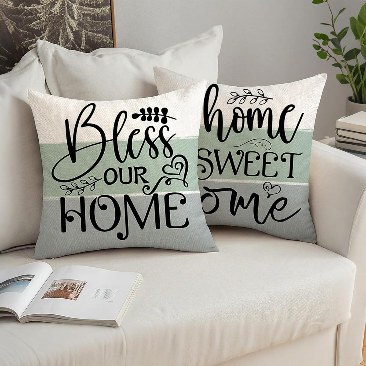 Spring Summer Green Farmhouse Eucalyptus Lamb Ear Wreath Throw Pillow Covers, 20 x 20 Inch Bless Our Sweet Home Buffalo Plaid Cushion Case for Sofa Couch Set of 4