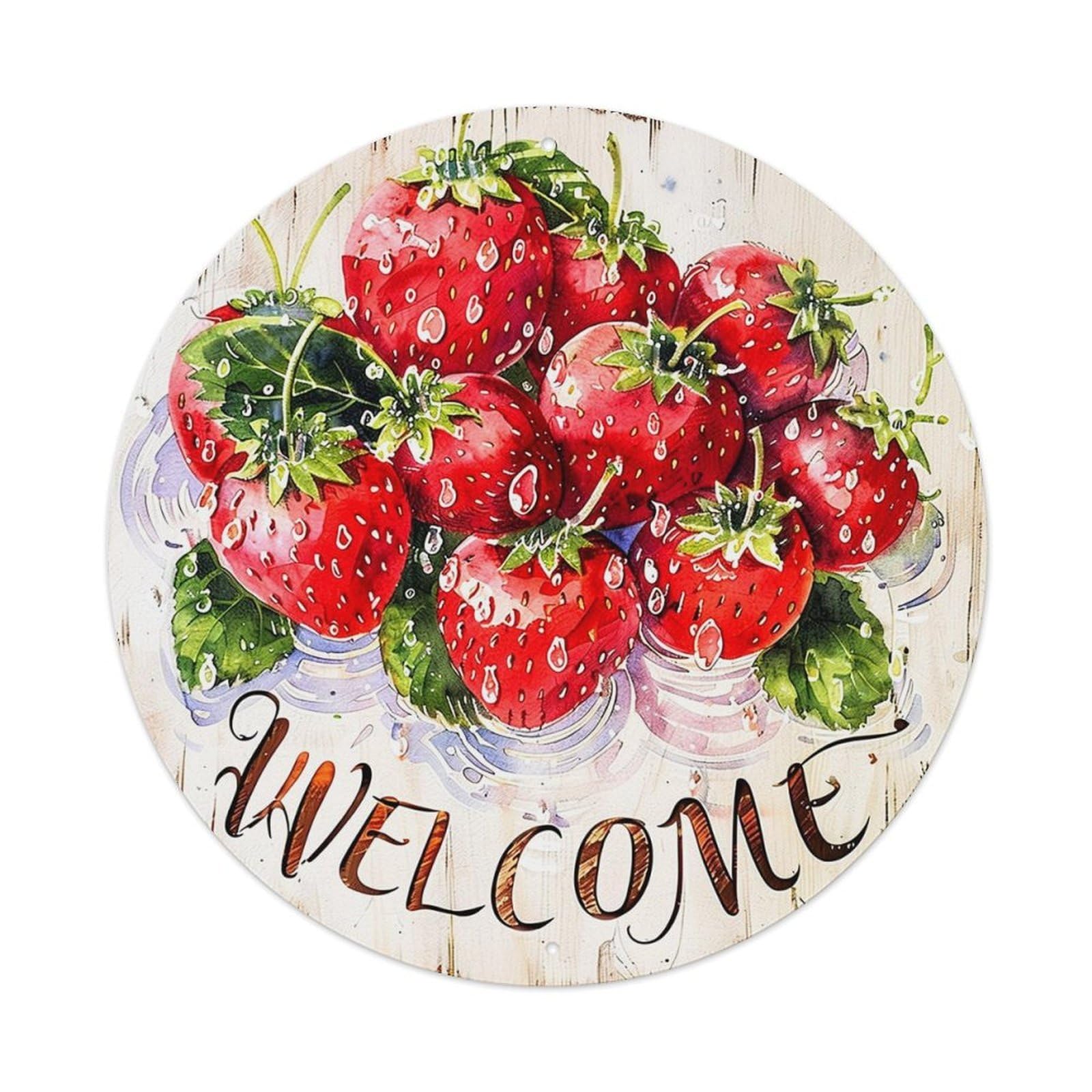 Strawberries Welcome Watercolor Art Print Round Metal Tin Sign Vintage Wall Decor, Bar Garage Cafe Kitchen Home Wall Art Poster 8x8inches