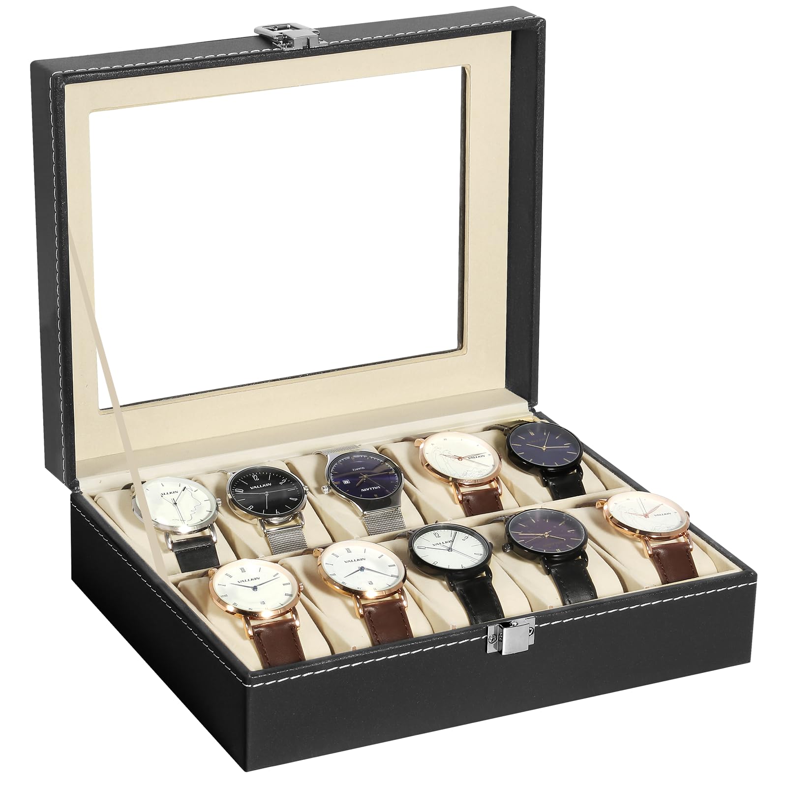 Uten Watch Box, 10 Slots Watch Case, Watch Box Organizer Jewelry Storage with Large Glass Lid, Watch Display Case, Watch Box for Men &amp; Women