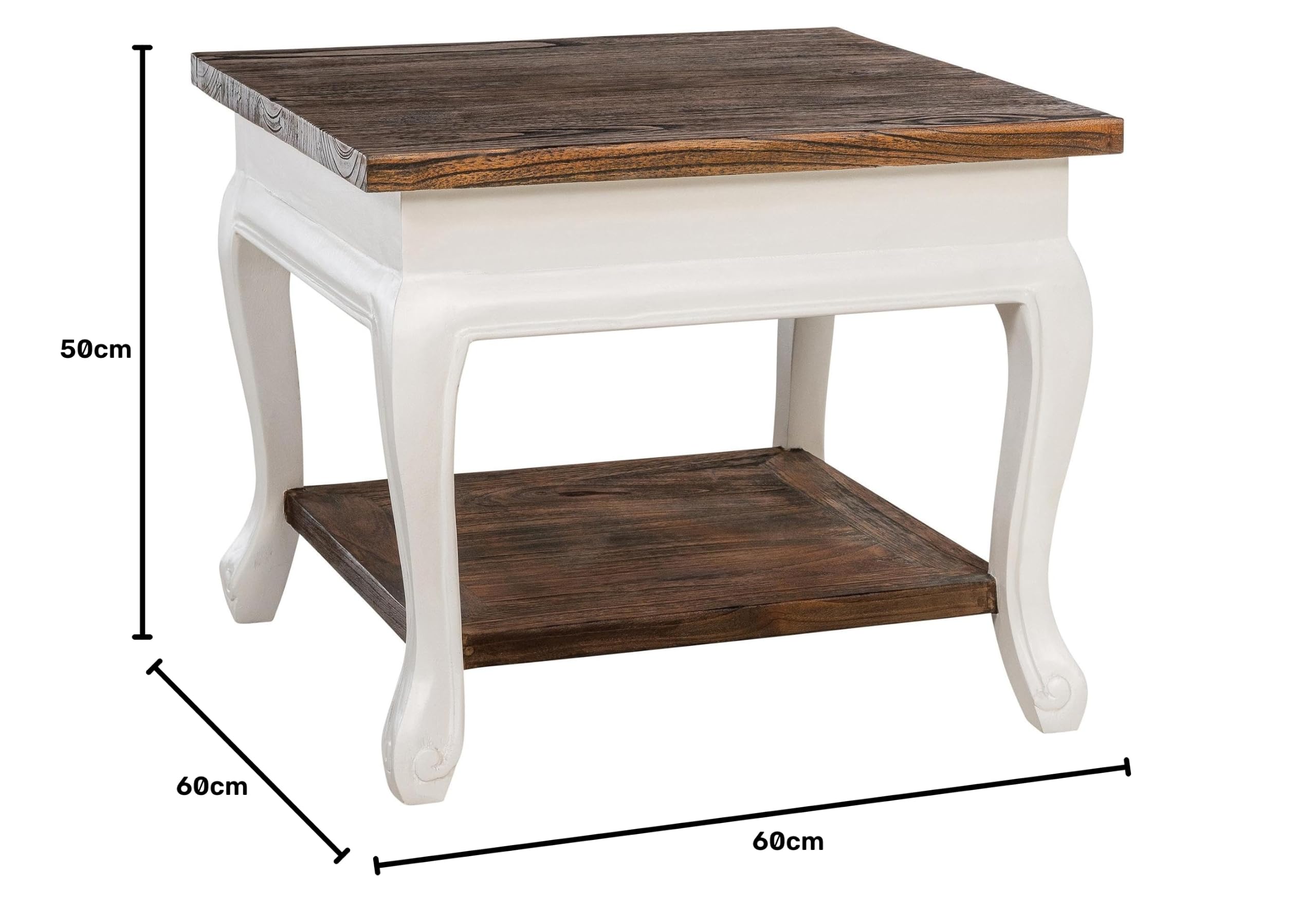 CLP Couchtisch Holz quadratisch 60x60 cm Thordis, Sofatisch mit 2 Ebenen mit Stauraum, Beistelltisch klein Shabby Chic rustikal