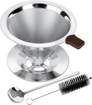 Pour Over Coffee Dripper, Double Mesh with Spoon and Cleaning Brush | Stainless Steel Coffee Filter 1-2 Cup, Single Cup, Metal Cone Filter Paperless, Reusable, Metal Strainer with Silicone Tray