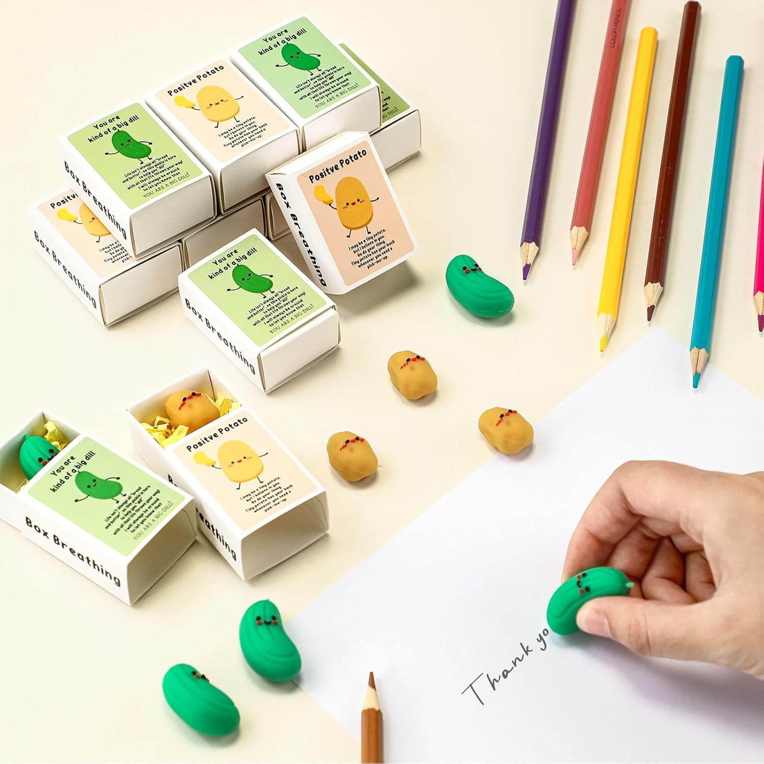 50 Sets Emotional Positive Potato Pickle Erasers Desk Pets Office Gifts for Coworkers with Box Raffia Pocket Hug Appreciation Gift for Team Staff Employee Friend Nurse