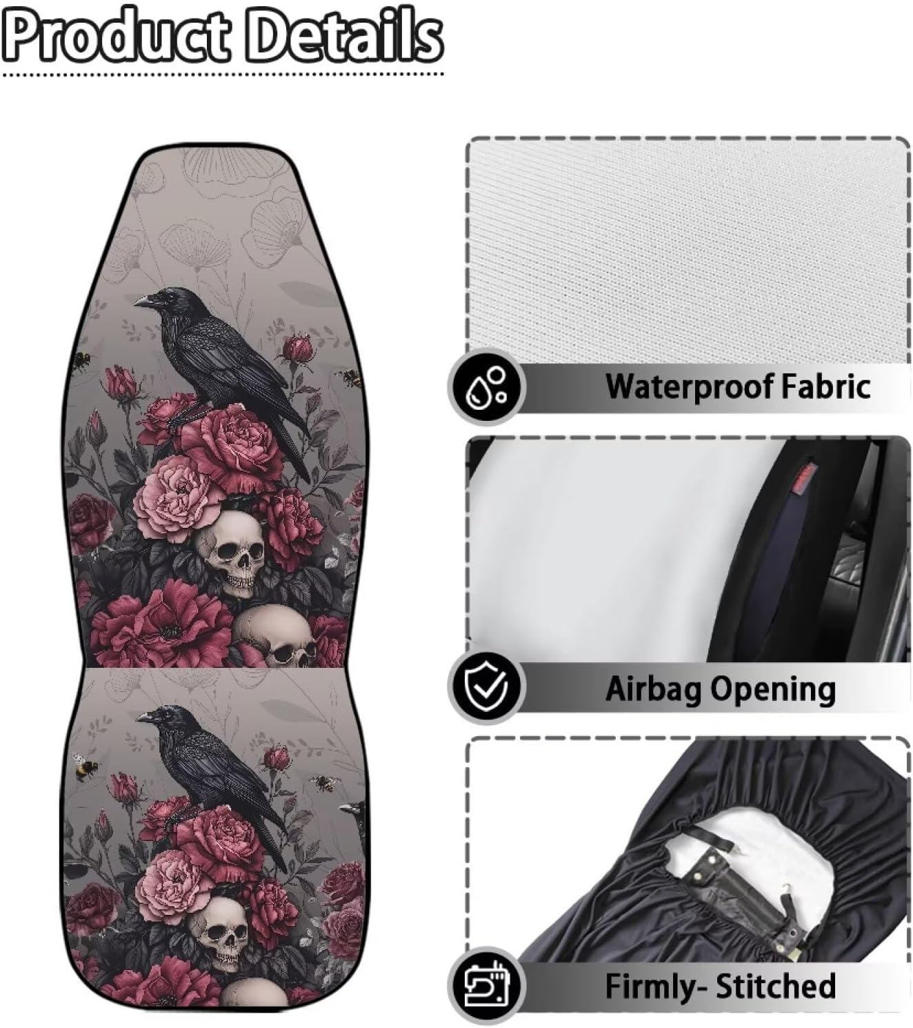 Bulopur Crows and Rose Automotive Seat Covers Front Seats Side Airbag Compatible Car Seat Covers for SUV Truck Van Sedans Halloween Car Interior Accessories Decor