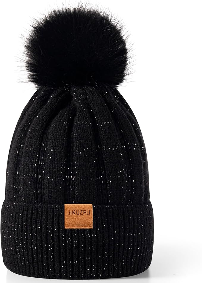 Jikuzfu Womens Winter Beanie Hat with Faux Fur Pom Pom,Soft Warm Fleece Lined Knit Beanie for Cold Weather