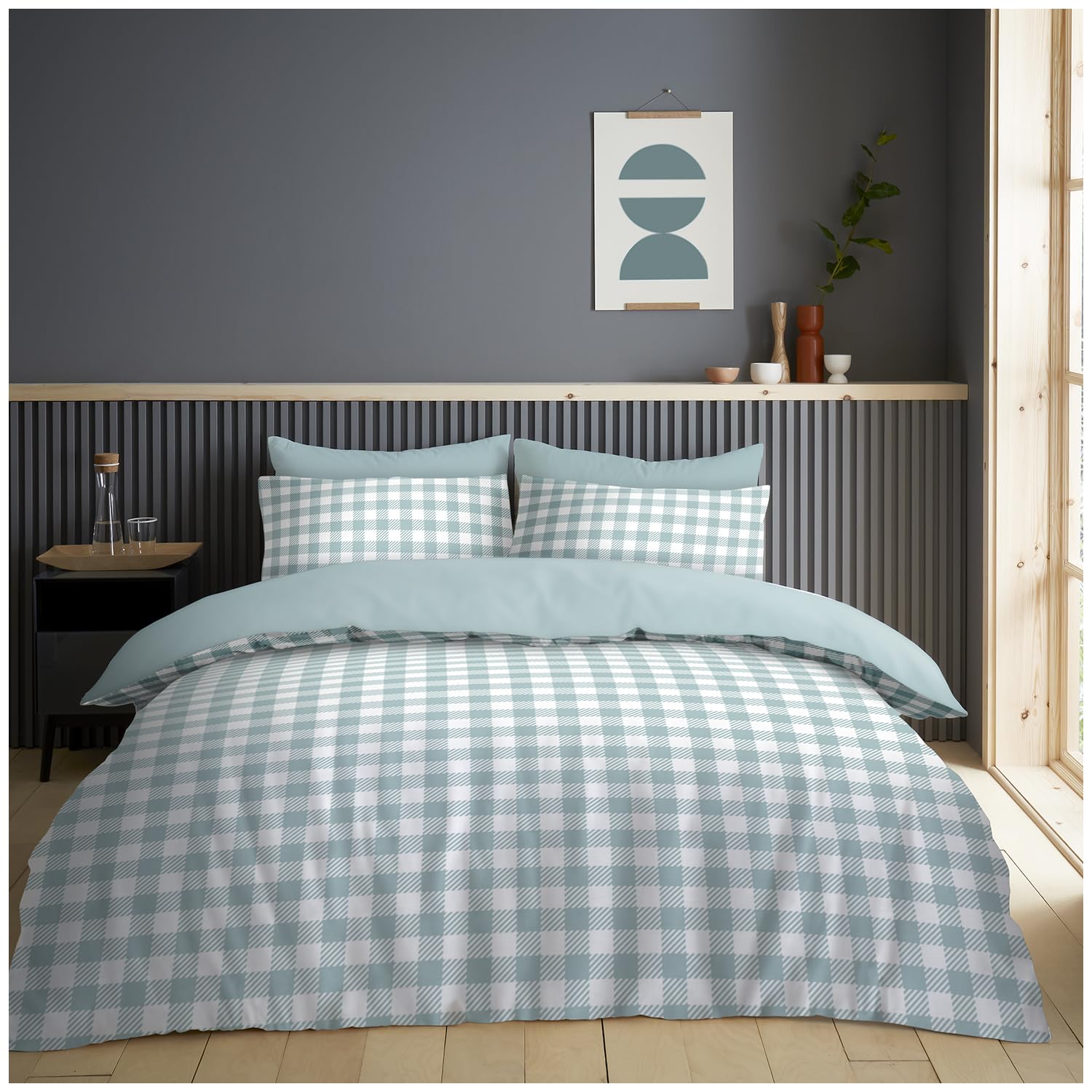 GC GAVENO CAVAILIA Check Bedding Sets King Size With Pillow Cases | Printed Microfiber Duck Egg Quilt Cover Sets | Reversible Kingsize Duvet Cover Sets