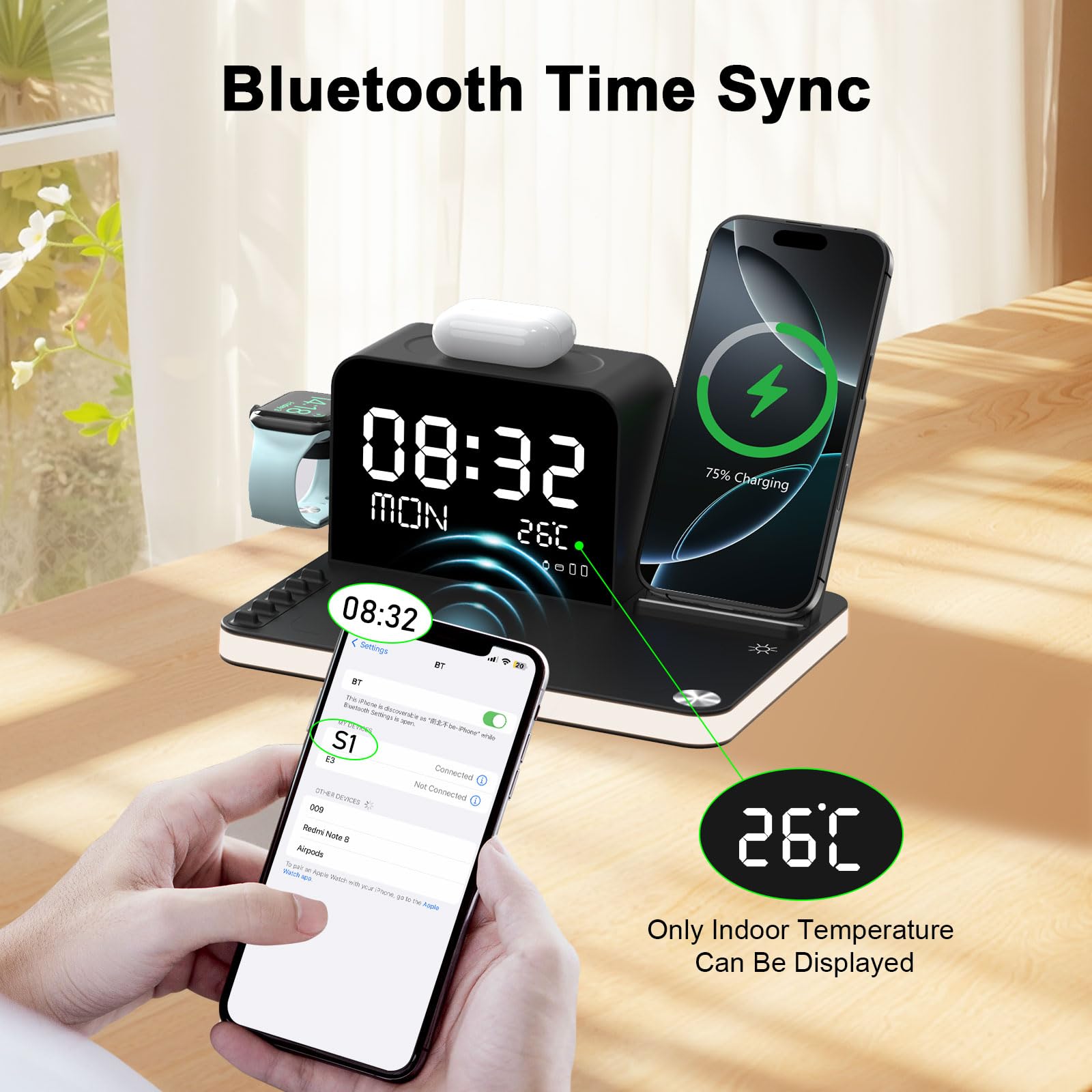 7-in-1 kabelloses Ladegerät mit Uhr, Temperatur & Datum, kompatibel mit iPhone 17/16/15/14/13 Pro Max, AirPods & Apple Watch, kompatibel mit Samsung S25/S24, einstellbares Nachtlicht, 33W-Adapter