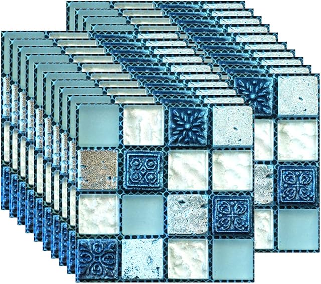 FBBULES 20PCS Tile Stickers, Self-Adhesive On Tile Peel Stick Wallpaper Heat Resistant Waterproof Backsplash for Living Room Kitchen Mosaic Blue (10 x 10cm / 4 x 4 inch)