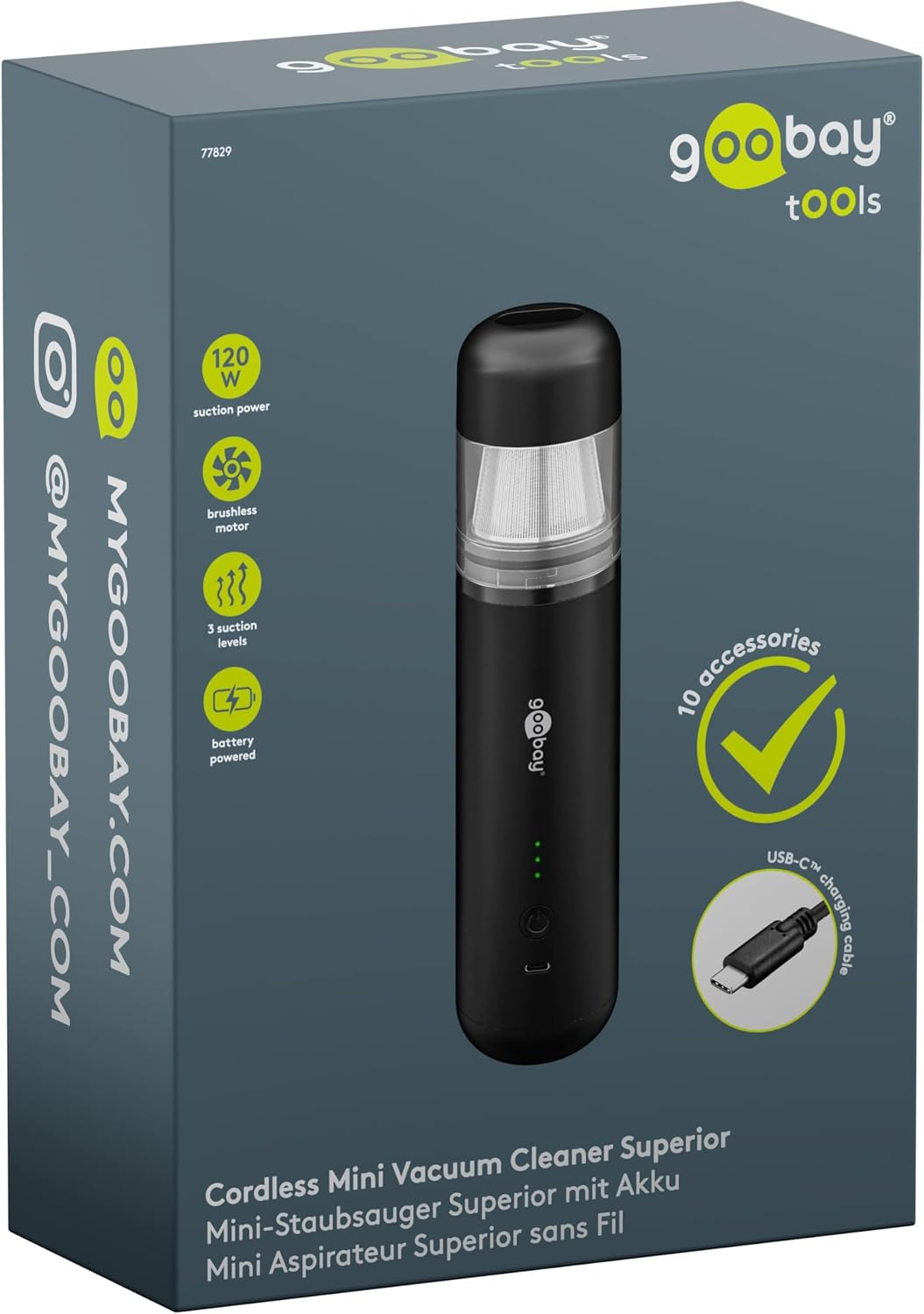 goobay Mini Vacuum Cleaner Superior/Cordless Handheld Vacuum Cleaner for Car, Home, Motorhome, 120 W, 7 Nozzles, 3 Brushes, Ideal for Keyboards and Hard to Reach Corners, Blower Function - 77829