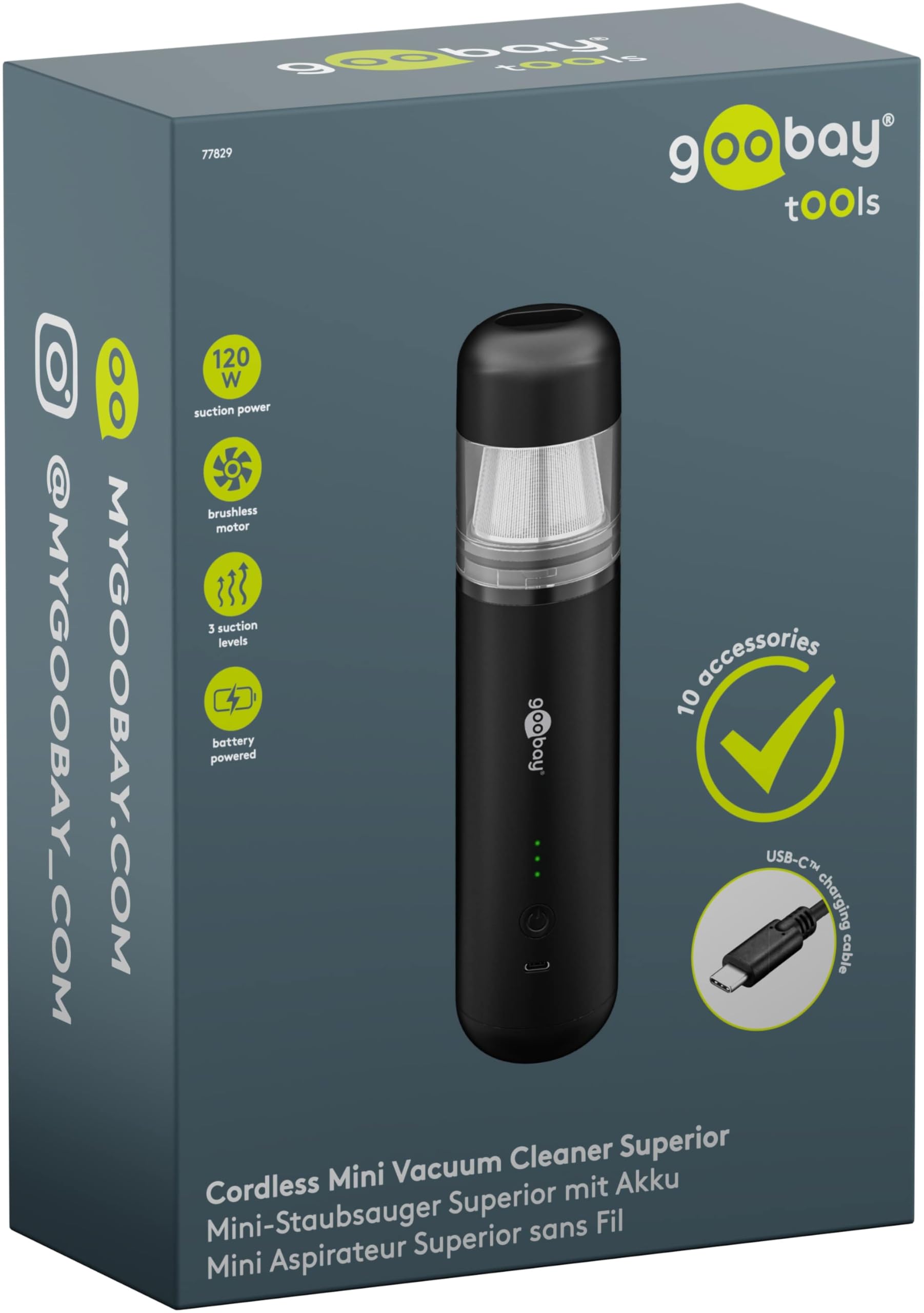 goobay Mini-Staubsauger Superior/Akku-Handstaubsauger für Auto, Haus, Wohnmobil, 120W, 7 Düsen, 3 Bürsten/Ideal für Tastaturen und schwer zugängliche Ecken, Gebläsefunktion - 77829
